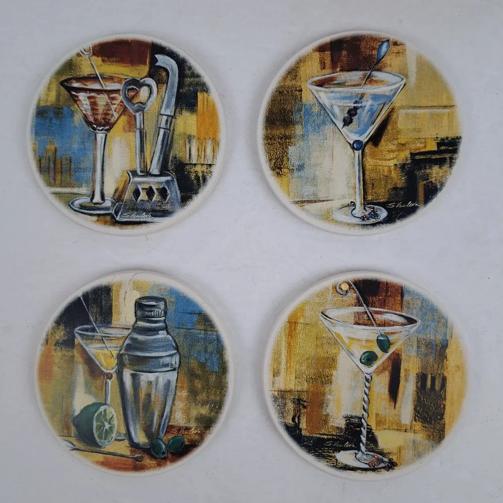Cypress Absorbent Coasters Happy Hour Martini Design Cork Backing Set Of 4